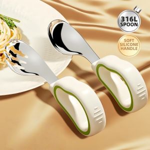 PENGY Silicone Baby Fork and Spoon Set Self Feeding 316 Stainless Steel Child Tableware Silverware Short Handle Baby Cutlery Toddler Learn To Eat