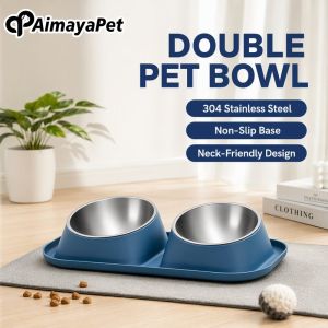 Pet Feeding Bowl Stainless Steel Double Dish Anti Slip Elevated Tilted Stand Easy Clean For Cat Dog Home