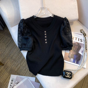 Atasan lengan pendek rajutan mesh puff sleeves Wanita anggun New Desain