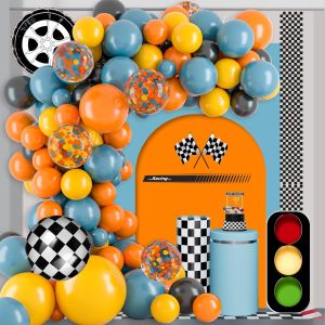 Race Car Balloon Arch 121Pcs Dusty Blue Orange Latex Balloon Race Car Balloons and 18inch Checkered Balloons Tire Balloons Monster Truck Balloons for Race Car Bbirthday Party Decorations
