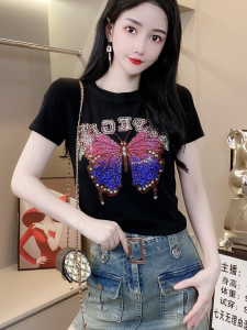 Fashion short-sleeved T-shirt womens new Korean version of the trend butterfly printing design sense round neck short-sleeved T-shirt fashion personality versatile top