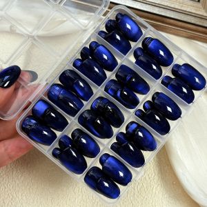 PLNBFG 144Pcs Oval Cat Eye False Nails Removable Glossy Dark Blue Fake Nails  Short Medium Full Cover False Nails Women
