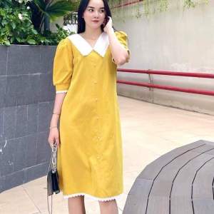 (45-100kg)Váy bầu bigsize màu vàng chất đũi xước phối cúc ngọc