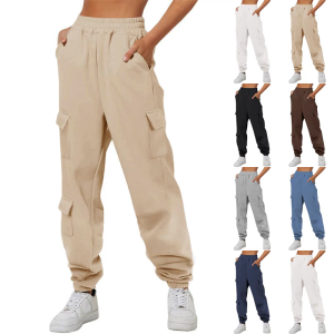 Womens casual pants with waistband solid color overalls sweatpants cuffed pants with multiple pockets trousers
