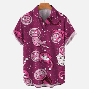 2024 Hawaiian Shirt Lucky Cat Printed Summer Casual Cat Single Breasted Button Short Sleeve Shirt Men
