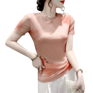 REHIN Women‘s T-shirt Summer Fashion Mesh Pink Unique Print Short-sleeved Round-neck New Korean Style Shirt Slim-fit Trendy Top with Floral Pattern Women blouse