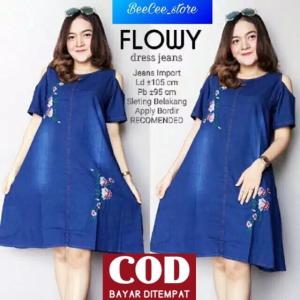 Flowy Dress Wanita [ BAYAR DI TEMPAT ] Jeans No Busui Mini Dress Pesta Lengan Pendek - Baju Sabrina Dress Denim Cantik Model Terbaru