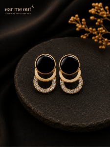[SG] Black & Gold Circular Crystal Stud Earrings | Minimalist Geometric Earrings | Elegant Everyday Fashion Jewellery | ear me out (EMO-33)