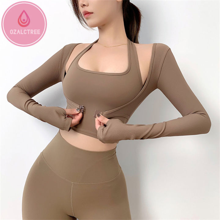 OzalCtree Sexy Long Sleeve Yoga Shirts Built In Bra Women Slim Fit Workout  Sport T Shirt Gym Fitness Crop Top with Thumb Holes