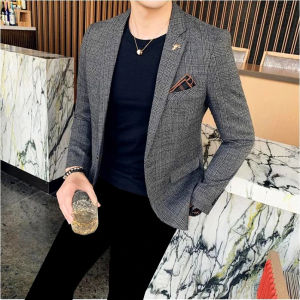 Brown single on mens suit jacket fashion slim dress coat gray dark blue V collar blazer Asian size M-4XL 5XL