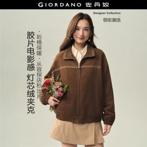 Giordano Women Corduroy embroidered trim loose jacket Free Shipping 18376809