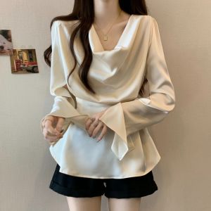 Wanita Lengan Panjang Kemeja Mundur Polos Longgar Atas Celah Lengan Desain