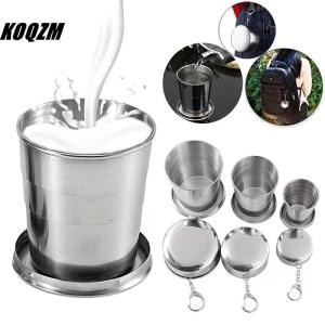 KOQZM 250ml Stainless Steel Folding Cup Outdoor Travel Camping Portable Collapsible Water Cups With Keychain Retractable Teacups