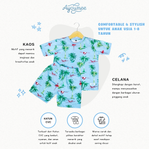 Baju dan Celana Anak Motif Hawai Warna Biru Muda Usia 1 sampai 8 Tahun - Ayoumee