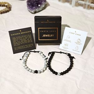 DISTANCE BRACELETS - COUPLE BRACELETS - FREE PREMIUM BOX - Gift for birthday anniversary boyfriend girlfriend & bff - Matte Black & White Onyx | Matte Onyx & Howlite