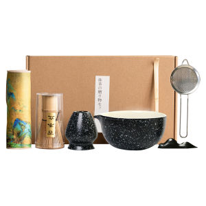 Japanese Tea Set (7pcs) Matcha Whisk Set Matcha Bowl with Pouring Spout Bamboo Matcha chasen Whisk Scoop chashaku Matcha Whisk Holder Tea Making Kit.