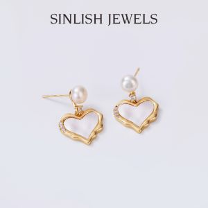 SINLISH Pearl Heart Earrings Elegant Signature Jewelry 18K Gold Vermeil for Women Wedding Party
