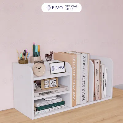 Kệ Sách Gỗ Mini Để Bàn FIVO FB26 Cao Cấp Màu Trắng Và Xám Có Hộc Tiết Kiệm Diện Tích Bo Góc Thẩm Mĩ