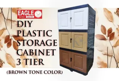 EAGLE DIY Multipurpose Plastic Storage Cabinet With Swing Doors (Brown Tone 3 Tiers) (EAGLE DIY Kabinet Penyimpanan Plastik Serbaguna (Perang Bertone 3 Tingkat)