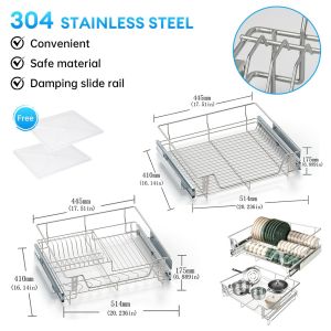 2Pcs Pull out Basket Tray Organizer 304 Thicken for Kitchen Cabinet 2 Layers Complete Set Pull out