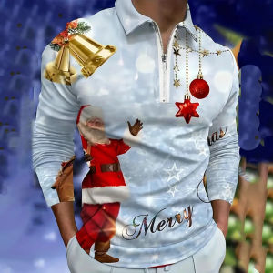 2025 new aldult polo 3D print mens Santa Claus golf shirt casual long sleeve plus size polo shirts streetwear Merry Christmas button polo shirts Top Boy