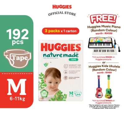 Huggies Naturemade Tape Diapers M64/L54/XL44 (3 Packs) - No harmful chemicals super premium diapers for baby