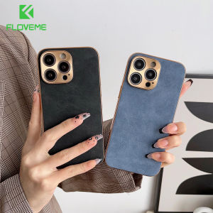 FLOVEME Electroplated Frame PU Leather Phone Case For iPhone 14 13 12 11 Pro Max 14 Plus Plating Metal Lens Protection All-inclusive Shockproof Back Cover For iphone 14 13 12 11
