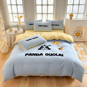 Cute Panda Towel Embroidered Washed Cotton Bedding Spring Summer Solid Color Duvet Cover Student Three-Piece Set Bed Sheet Style LZD