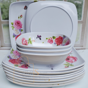 TERMURAH 12PCS PIRING KOTAK DATAR 10NC CAMPUR MANGKUK 15CM MELAMIN ASLI MOTIF KEMBANG TEBAL DAN TAHAN PANAS / FOODGRADE DAN SNI / BISA COD