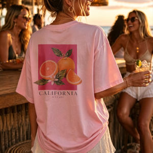[Local Stock] HBESTY  Vintage Oversized Citrus Fruits Print Crew Neck Short Sleeve T Shirt For Women Summer Floral Design Orange Slices Leaves