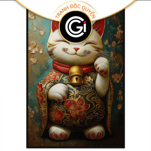 Tranh phong thủy mèo thần tài. Tranh treo tường dán tường sơn dầu canvas trang trí. CGI-1683