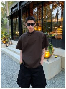 2024 Summer Niche Design Brown polo Short Sleeve with Slanted Collar T Mens American Style Trendy Irregular Shirt