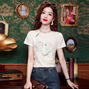 AMMIN เสื้อเบลาส์ปักเลื่อมรูปหัวใจสไตล์วินเทจของผู้หญิงเสื้อยืดผ้าฝ้ายแขนแขนสั้นคอกลมสไตล์จีนใหม่2024ฤดูร้อน