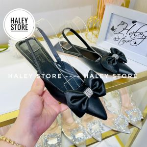 Giày bít bệt nơ phồng HALEY STORE gót phẳng đính nơ viền đá bít mũi quai kéo tiểu thư cô dâu đi chơi du lịch êm chân