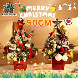50CM Christmas Tree Desktop Xmas Decoration with Light Gold Red Small Christmas Green Tree Set for Office Xmas Decor
