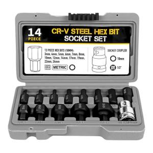 1/2-Inch Drive Impact Socket Set 14 PiecesHexagon Drive Bits 1/2 Inch Socket Set Allen Key Bit In Case 3-24mm