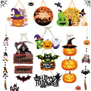 Halloween Door Hanging Decor Pumpkin Ghost Bat Trick or Treat Pendants Banner Party Decoration for Home Window Kids Toy Ornaments