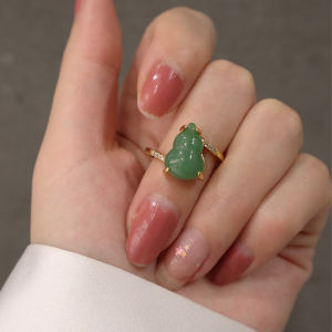 HZP Titanium Steel No Fading Gold Lucky Fortune Gourd Necklace ring set women Green Crystal Light Luxury Clavicle Chain birthday gift jewelry