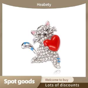 Heabety Fashion Hold Heart Cat Brooch Pins For Women Lady Cute Rhinestone Pets Animal Clothes Collar Brooches Badge Gifts