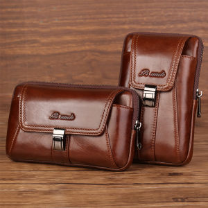 PIUNLCE Brand 2021 Genuine Leather Waist Fanny Pack Male Belt Bag Phone Pouch Bags Travel Vintage Cowhide Waist Packs Male Small Waist Bag Real Leather 6" Cell Phone Pouch Hip Bum Bag Waist Hook Bag Mobile Phone Pouch Horizontal and Vertical