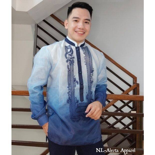 TAGALOG BARONG FOR MEN PURE EMBROIDERED CHINESE COLLAR NAVY BLUE ...