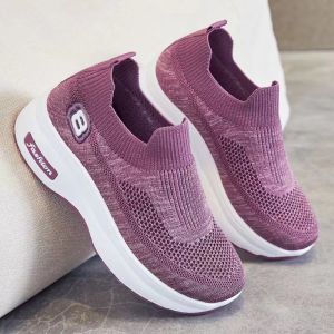 Women Korean Style Breathable Thick Sole Slip On Jogging Sneakers Comfort Non-Slip Flat Casual Black Rubber Shoes For Women On Sale