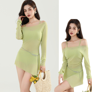 BIKINI OCEAN ชุดว่ายน้ำแบบแขนยาว ชุดว่ายน้ำเอวสูง ชุดว่ายน้ำเซ็ต 🍅 มีไซส์ M-L | น้ำหนัก 40-58 กก. Y368