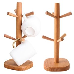 FOUNDTWO Wooden Mug Hanging Display Rack 6 Hooks Tree Shape Cup Storage Holder Household Space Saving Tea Cups Drainer Kitchen Storage