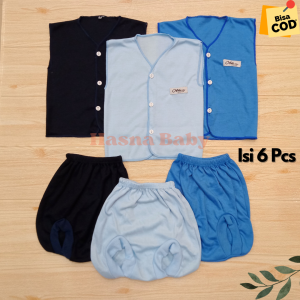 Paket 6Pcs Setelan Baju Bayi Baru Lahir Kutung dan Celana Pop polos warna Dongker Biru Muda dan Biru Langit- JL Baby