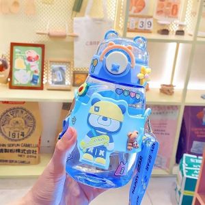 600ml Cute childrens water bottle plastic cup tall water cup bear portable straw cup