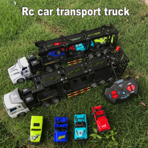 Remote Control Car Transporter Truck Includes 4 Cars - 14" 1:48 Mini RC Toy Semi Truck Trailer with 1pcs Rechargeable Batteries Carrier Car Truck Vehicle with Lights Great Gift for Kids Boys Girls