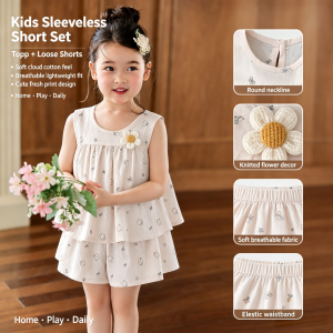 AILEBE Kids Sets Spaghetti Sleeveless Top Loose Shorts Set Soft Cloud Cotton Breathable Summer Wear 3 Cute Prints Korean Fresh Design Pambahay OOTD For Baby Girls 0-12 Years