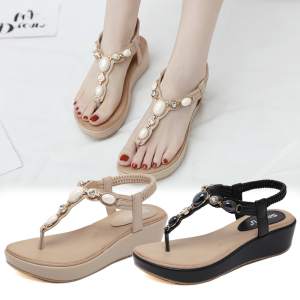 35-42 5cm Thick Heel Sandals for Women Fashion Rhinestone Leather Upper Elastic Band Rubber Shoes Shiny Pearl Platform Soft Toe Clip Wedges Ladies Shoes