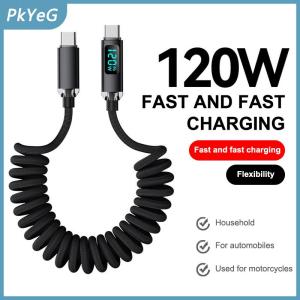 PkYeG 120W Loại C Để Loại C Cáp Dữ Liệu Hiển Thị Nhanh Chóng Sạc Sạc Dây Mùa Xuân Có Thể Thu Vào Xe Phí Cáp Cho iPhone 15 16 Samsung